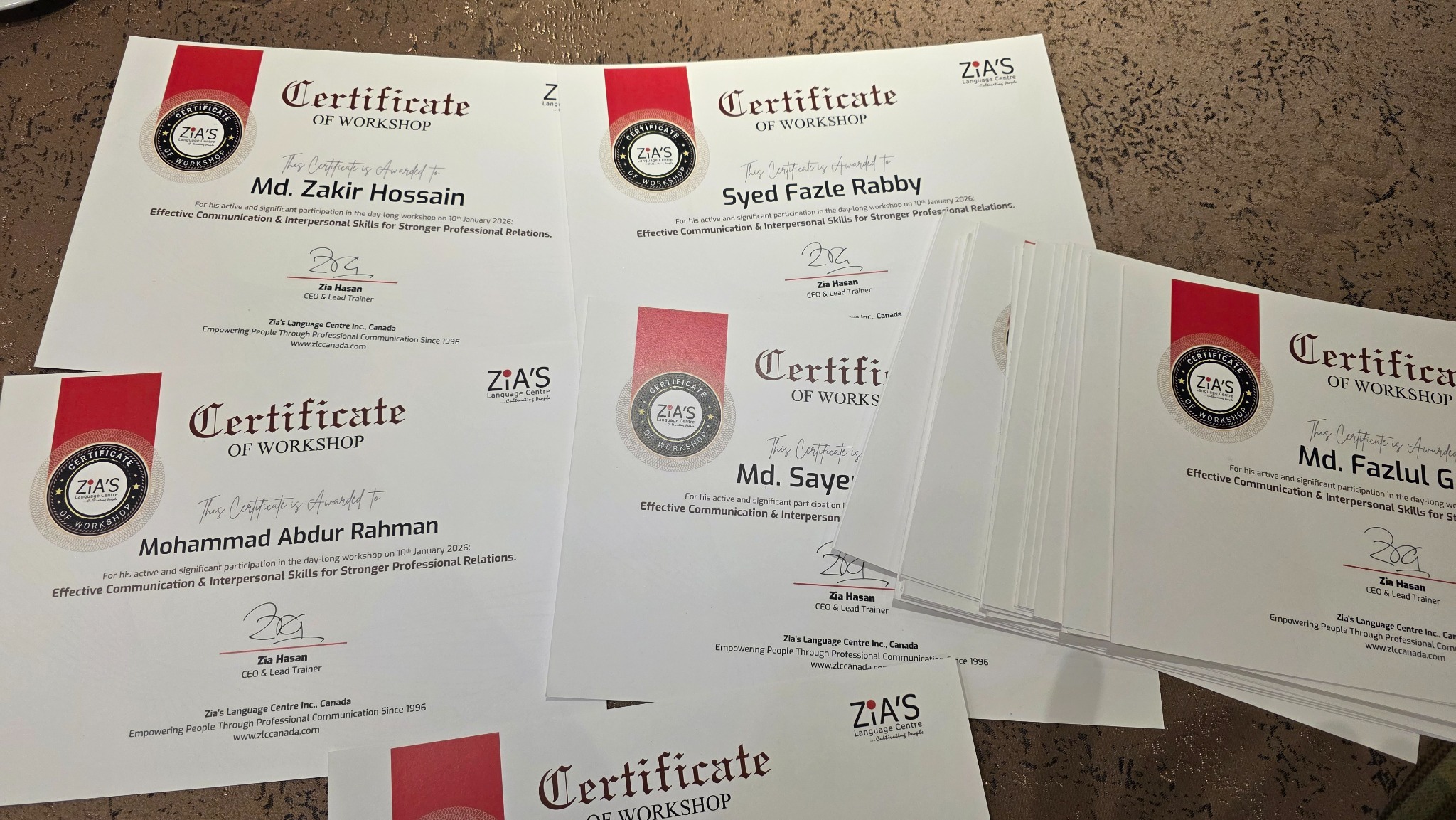 Certificates prepared for workshop participants
