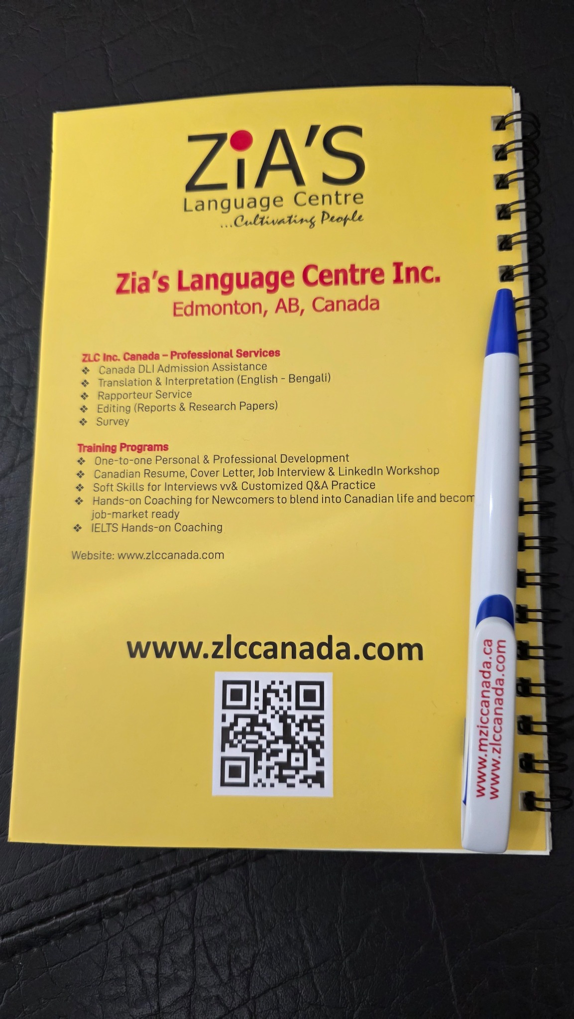 Zia's Language Centre professional services notebook